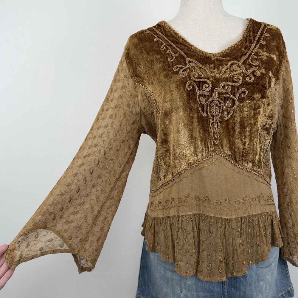 VTG Just Cruising Top Womens L* Yellow Embroidered Tie Back Hippie Boho Festival - Picture 3 of 15